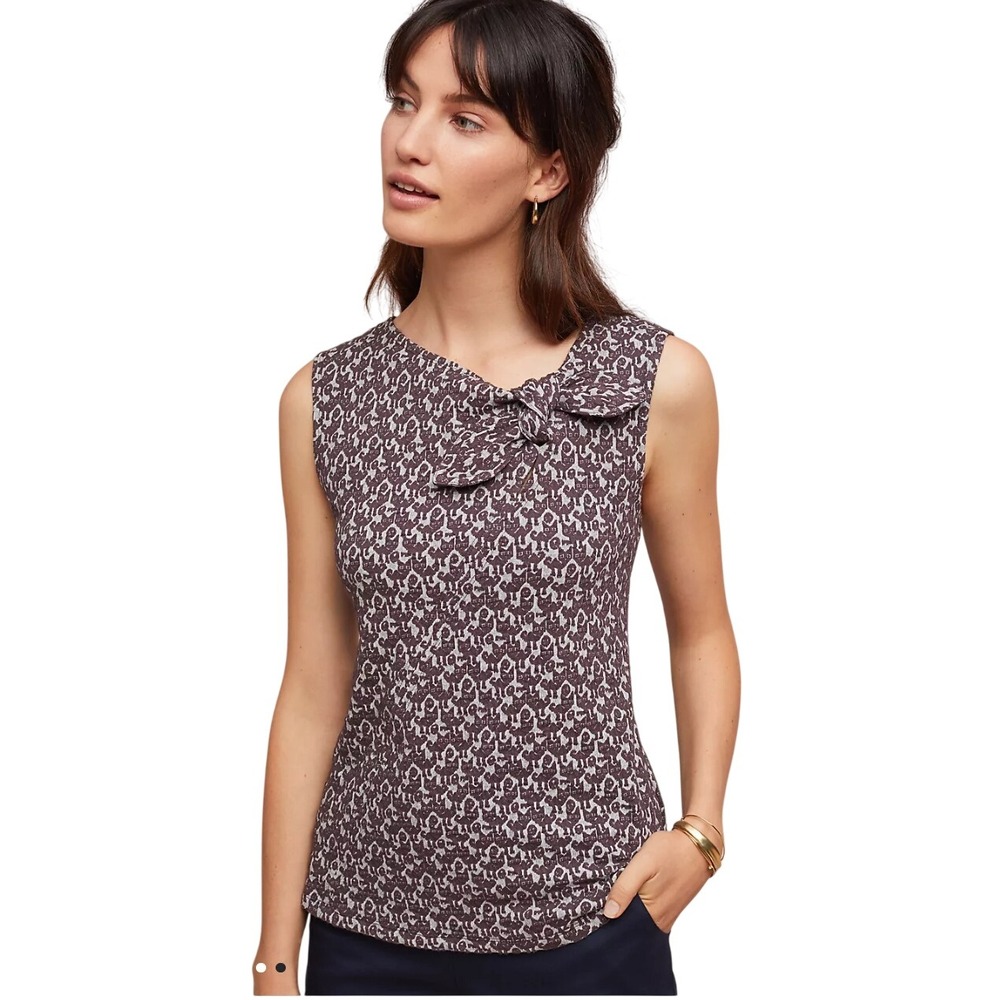 Maeve Anthropologie Tom Cat Knit Blouse S Gray Bow Neck Textured Retro Twee Mod